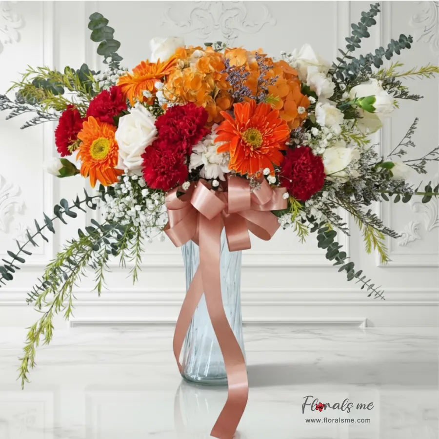 FV-02 EXOTIC FIERY LUXURY VASE แจกันดอกไม้สีส้ม-แดง (Orange & Red) จัดทรงพุ่มหรู จาก Floralsme