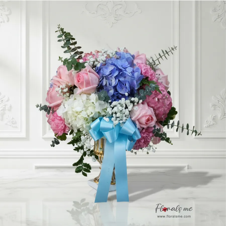 FV-04 BELLA VASE แจกันไฮเดรนเยียฟ้าผสมกุหลาบชมพู (Blue & Pink) จัดทรงพุ่มหรู จาก Floralsme