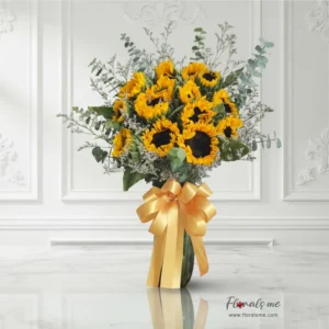 FV-21 SUNFLOWER FIELD VASE แจกันดอกทานตะวันล้วนพุ่มใหญ่ (Sunflowers) ผูกโบว์ทอง จาก Floralsme