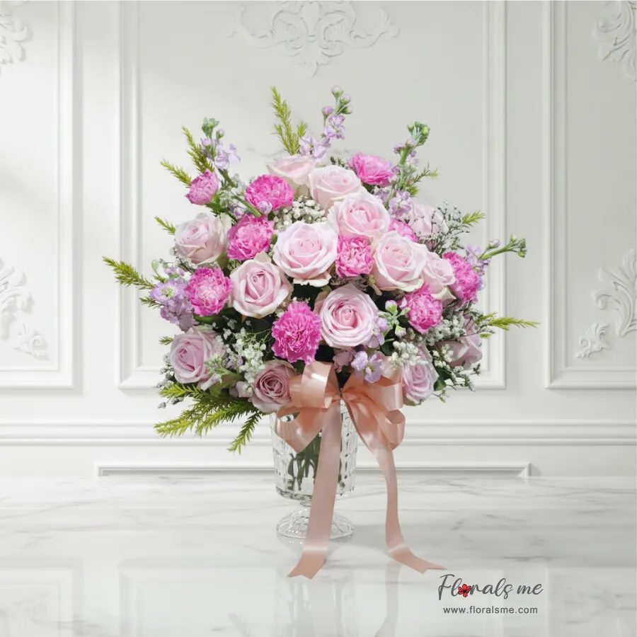 FV-22 PINK BARBIE VASE แจกันกุหลาบชมพูผสมคาร์เนชั่น (Pink Roses & Carnations) จัดทรงพุ่มสวย จาก Floralsme