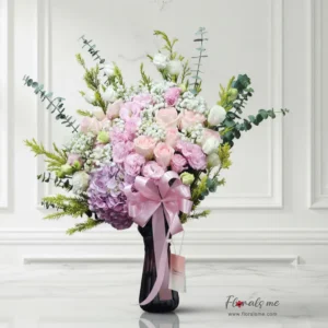 FV-23 SWEET ROMANCE VASE แจกันกุหลาบชมพูผสมไฮเดรนเยียม่วง (Pink Roses & Purple Hydrangeas) จัดทรงพุ่มหรู จาก Floralsme